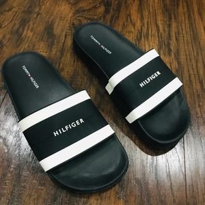 Tommy Hilfiger size 6 black and white stripe logo slides rubber non slip sole